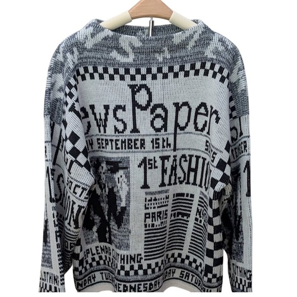 Vintage Newspaper Print Cotton Knit Sweater Black White Made in USA ILGWU Tag
